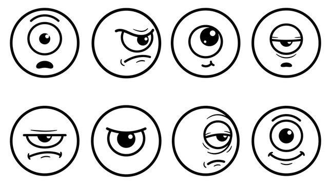 Set of eight cartoon cyclops faces with different emotions and expressions, black and white line art