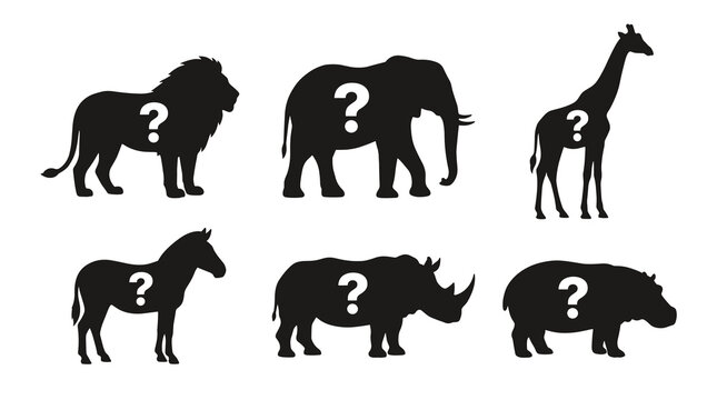six african animal silhouettes with question marks on them, including lion, elephant, giraffe, zebra, rhinoceros, hippopotamus, isolated on white