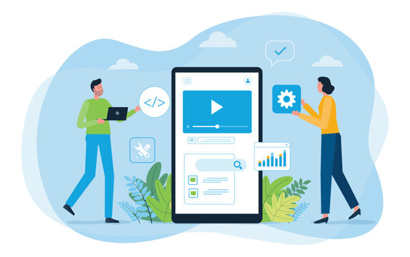 Flat Vector Illustration Business Team Developing Mobile Application Interface. web design and mobile application design process concept with designer and developer team collaboration working. 

