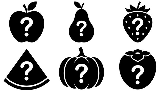 Set of six silhouette fruits and vegetables with question marks inside, isolated icons for guessing games or educational purposes