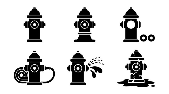 Fire hydrant icons illustration featuring various conditions and uses representing firefighting, water supply, maintenance, and emergency safety concepts