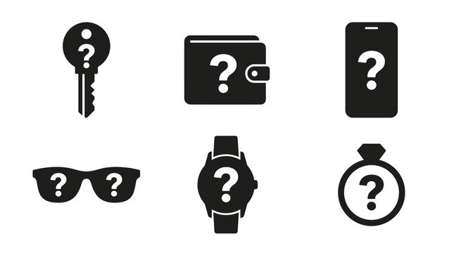 Set of black flat glyphs depicting lost items like a key, wallet, smartphone, glasses, watch, and coin with question marks, representing search and