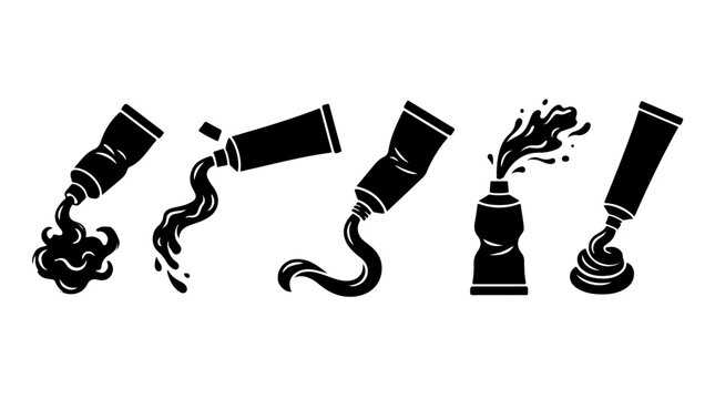 Paint or toothpaste tube icons illustration featuring various squeezing and dispensing styles representing creativity, texture, and expressive motion design