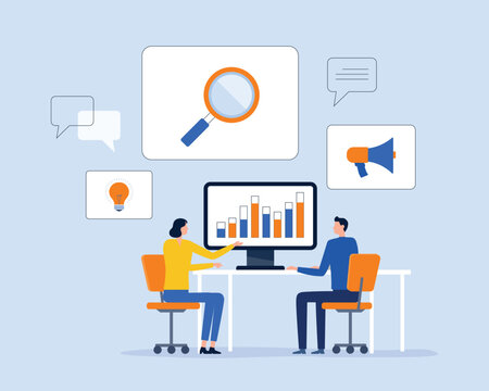  Flat Vector Illustration Business data Analysis and Marketing Strategy Meeting concept. with business team discussing for market research and planning concept
