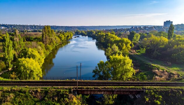 Scenic River Flowing Through Lush Green Trees Near Railway Bridge at Sunrise
