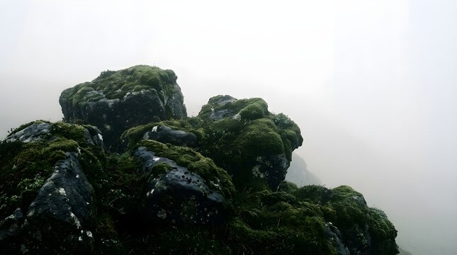 Moss covered rocks resting in thick mountain mist with a moody atmosphere
