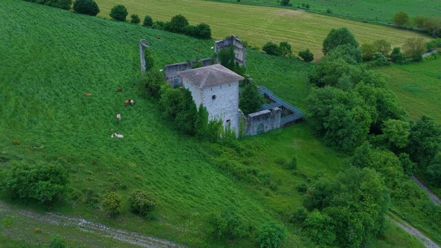 Aerial drone view of the landscape surrounding the Guevara Palace Tower in the village of Guevara. Llanada Alavesa region. &Aacute;lava. Basque Country. Spain. Europe