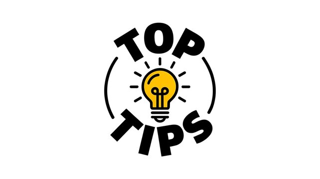 Top tips, lightbulb icon, business advice, yellow and black logo