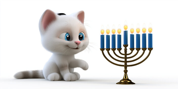 Playful white cat observing Hanukkah menorah with lit candles  
