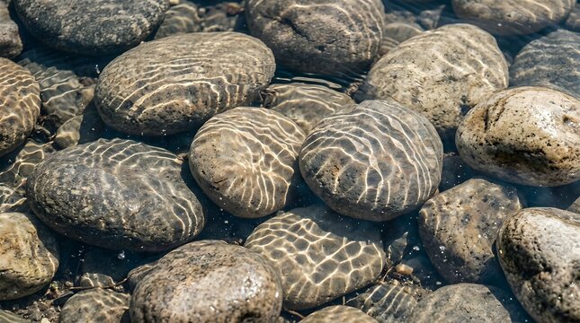 Smooth river stones resting beneath clear flowing water in a natural stream
