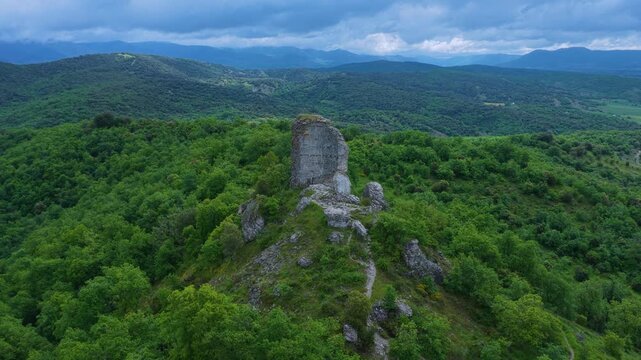 Aerial drone view of the ruins of Guevara Castle near the village of Guevara. Llanada Alavesa region. &Aacute;lava. Basque Country. Spain. Europe
