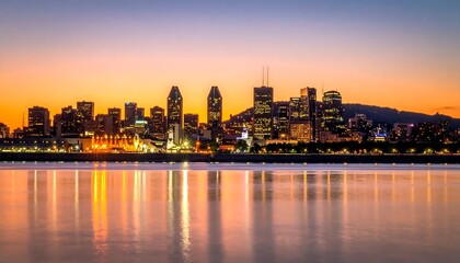 Obraz premium Illuminated Urban Skyline Glowing at Sunset Across Calm Waterfront