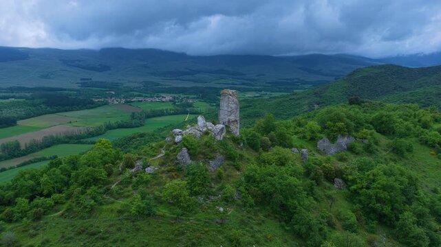 Aerial drone view of the ruins of Guevara Castle near the village of Guevara. Llanada Alavesa region. &Aacute;lava. Basque Country. Spain. Europe