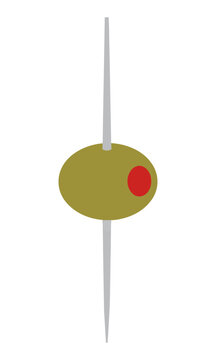 Minimalist green pimento stuffed olive on a metal toothpick with bold flat shapes isolated on a white background food and drink concept