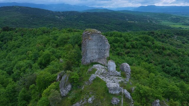 Aerial drone view of the ruins of Guevara Castle near the village of Guevara. Llanada Alavesa region. &Aacute;lava. Basque Country. Spain. Europe