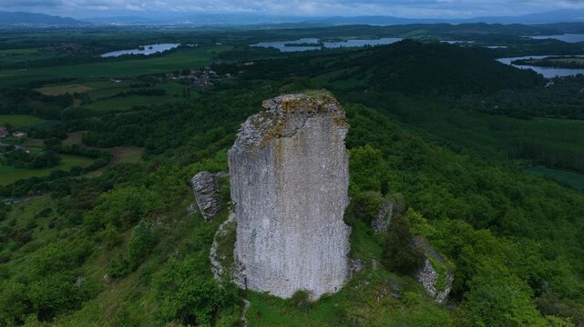 Aerial drone view of the ruins of Guevara Castle near the village of Guevara. Llanada Alavesa region. &Aacute;lava. Basque Country. Spain. Europe