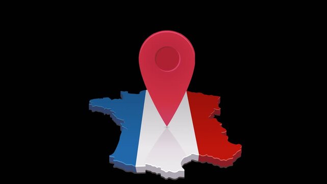 Bouncing map pin icon pinpointing a specific location on a 3D French map. Chroma key green screen with alpha channel. (loopable)