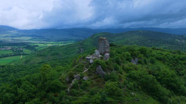 Aerial drone view of the ruins of Guevara Castle near the village of Guevara. Llanada Alavesa region. &Aacute;lava. Basque Country. Spain. Europe