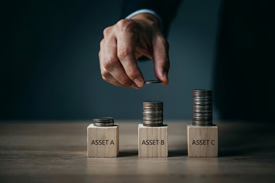 Hand placing third labeled container on wooden blocks representing risk assessment levels in dim lighting
