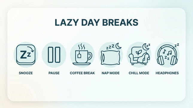 Lazy day breaks concept with minimalist line art icons for relaxation sleep coffee and listening to music on light background with representing relaxation activities