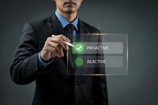 Professional businessman selecting proactive strategy over reactive on futuristic digital interface in corporate office setting
