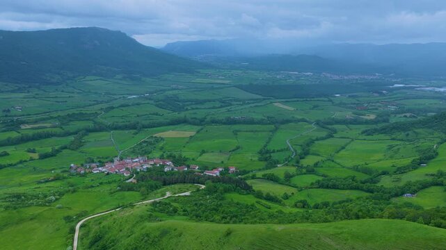 Aerial drone view of the spring landscape around the Lizarraga and San Donato mountain passes in the Sierra de Urbasa Natural Park. Navarre, Spain. Europe