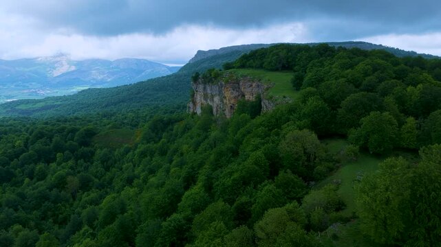 Aerial drone view of the spring landscape of beech forests in the Sierra de Entzia. &Aacute;lava. Basque Country. Spain. Europe