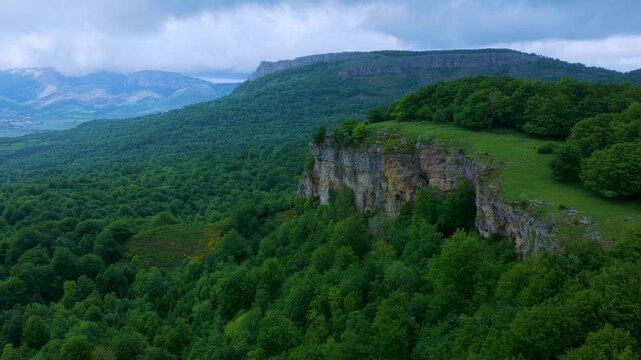 Aerial drone view of the spring landscape of beech forests in the Sierra de Entzia. &Aacute;lava. Basque Country. Spain. Europe