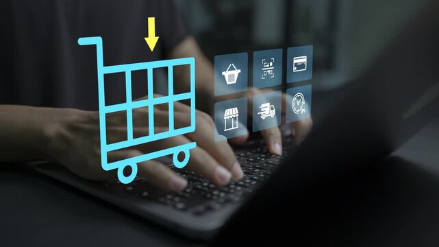 Online shopping cart concept. Person using laptop with ecommerce and shopping cart icons, digital purchasing, secure online payments and retail technology.