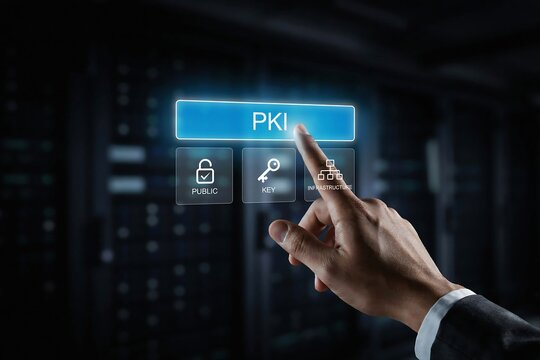Professional hand selecting pki security icon on digital interface for cybersecurity and data encryption management