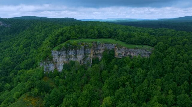 Aerial drone view of the spring landscape of beech forests in the Sierra de Entzia. &Aacute;lava. Basque Country. Spain. Europe
