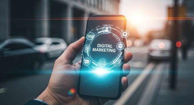 Hand holding smartphone displaying digital marketing interface with city backdrop