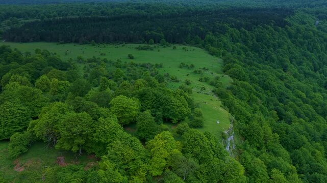 Aerial drone view of the spring landscape of beech forests in the Sierra de Entzia. &Aacute;lava. Basque Country. Spain. Europe
