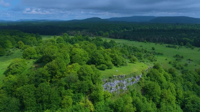 Aerial drone view of the spring landscape of beech forests in the Sierra de Entzia. &Aacute;lava. Basque Country. Spain. Europe