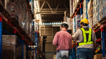 Fototapeta premium Warehouse worker and factory manager using a digital tablet to check barcodes and inspect stock inventory in an industrial logistics facility
