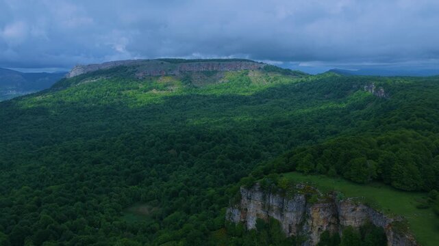 Aerial drone view of the spring landscape of beech forests in the Sierra de Entzia. &Aacute;lava. Basque Country. Spain. Europe