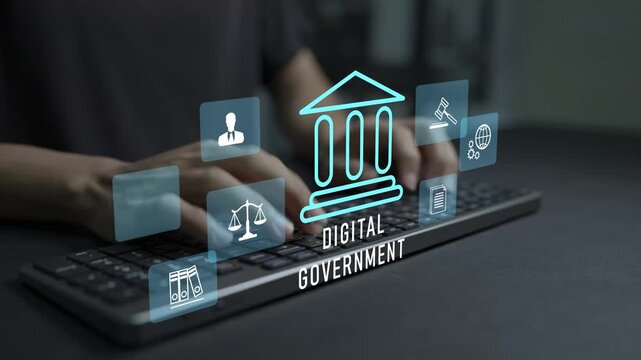 Digital government concept. Person typing keyboard with E government and public service icons, digital administration, online government services and smart governance.
