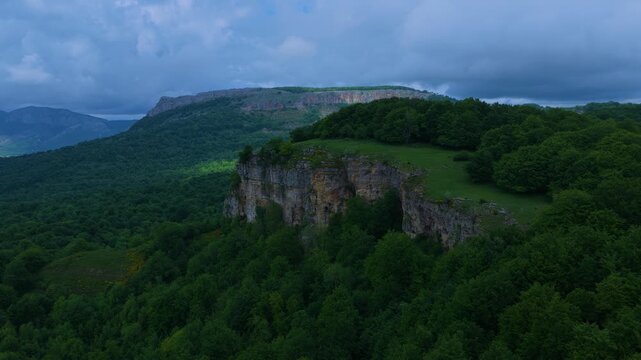 Aerial drone view of the spring landscape of beech forests in the Sierra de Entzia. &Aacute;lava. Basque Country. Spain. Europe