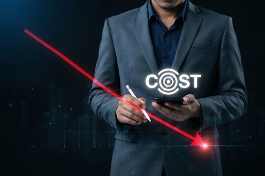 Business professional holding glowing cost analysis hologram with laser pointers in a corporate presentation setting