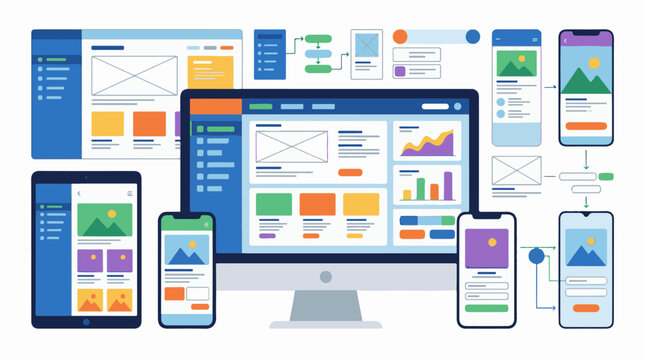 A computer monitor and multiple smartphones display various colorful app screens and wireframes