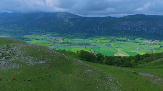 Aerial drone view of the spring landscape around the Lizarraga and San Donato mountain passes in the Sierra de Urbasa Natural Park. Navarre, Spain. Europe