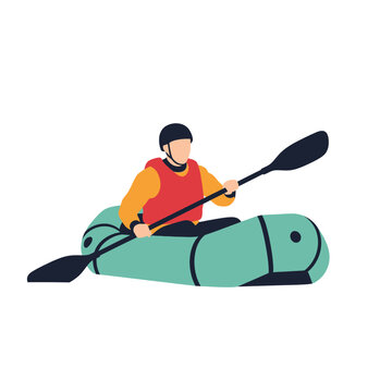 Vector illustration of a solo adventurer paddling an inflatable packraft through turbulent river rapids, featuring a person in safety gear navigating white water in a scenic outdoor environment.