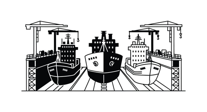 Ships in dry dock black and white vector illustration