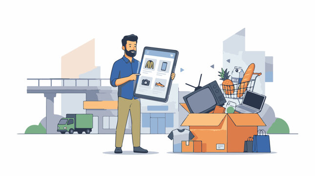 A man holds a large smartphone amidst a pile of discarded items