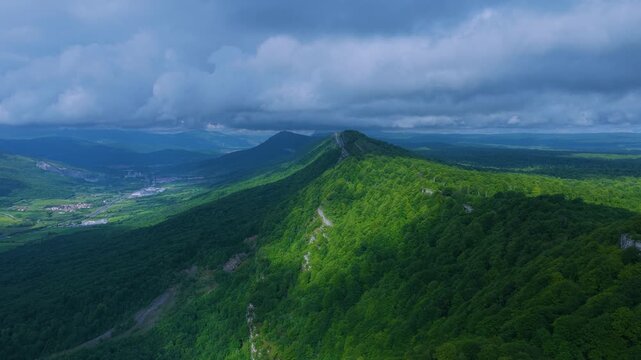 Aerial drone view of the spring landscape of beech forests in the Sierra de Entzia. &Aacute;lava. Basque Country. Spain. Europe