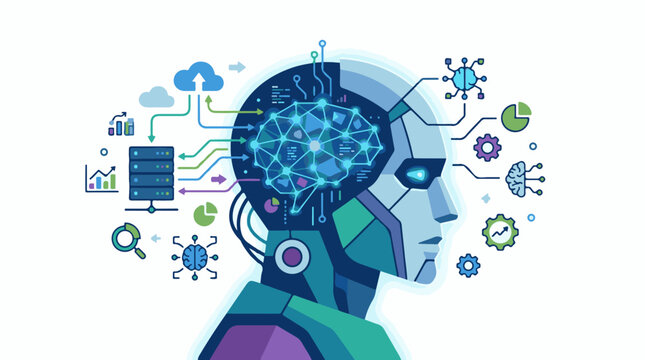 A futuristic robotic head with a brain composed of circuits and data visualization symbols