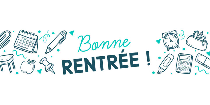 Banni&egrave;re horizontale &ldquo;Bonne rentr&eacute;e !&rdquo; avec message de bienvenue et pictogrammes scolaires de part et d&rsquo;autre, id&eacute;ale pour communication d&rsquo;&eacute;cole, newsletter, banni&egrave;re web ou visuel de rentr&eacute;e.
