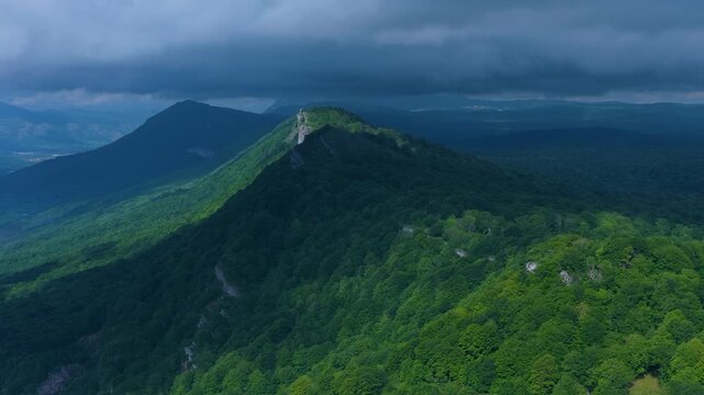 Aerial drone view of the spring landscape of beech forests in the Sierra de Entzia. &Aacute;lava. Basque Country. Spain. Europe