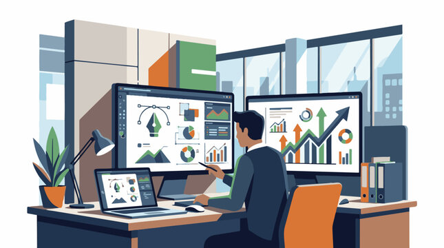 A man sits at a desk with multiple computer screens displaying graphs and charts