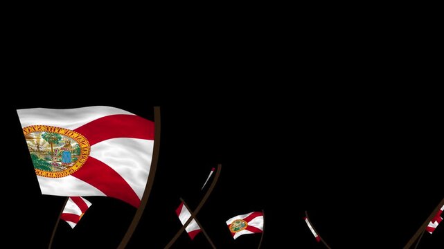 Florida State Flags Waving Crowd. Realistic 4K 60fps Seamless Loop Animation Isolated On Black Background For Overlay. Lot Of Florida State Flags With Realistic Fabric Motion.